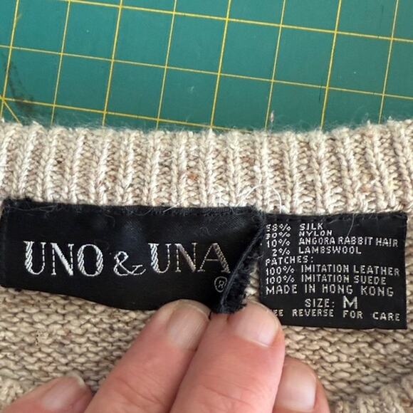 Tan Silk/angora/wool Blend Sweater sz M Faux Leather Leaves Crew Neck Beaded - Picture 4 of 6